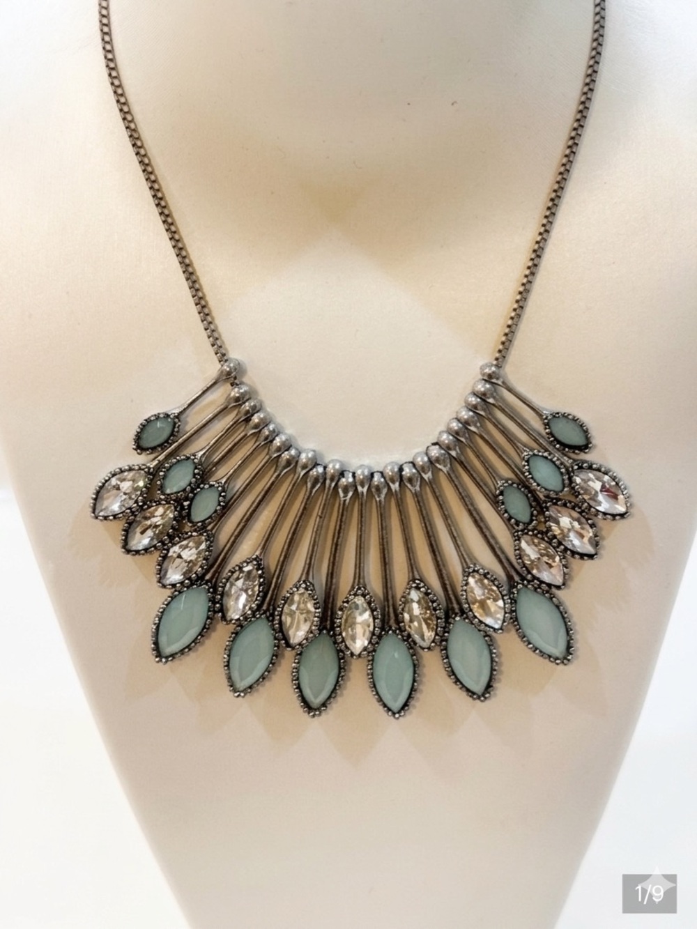 Blue Faux Chalcedony Marquise 20”L Bib Statement Necklace